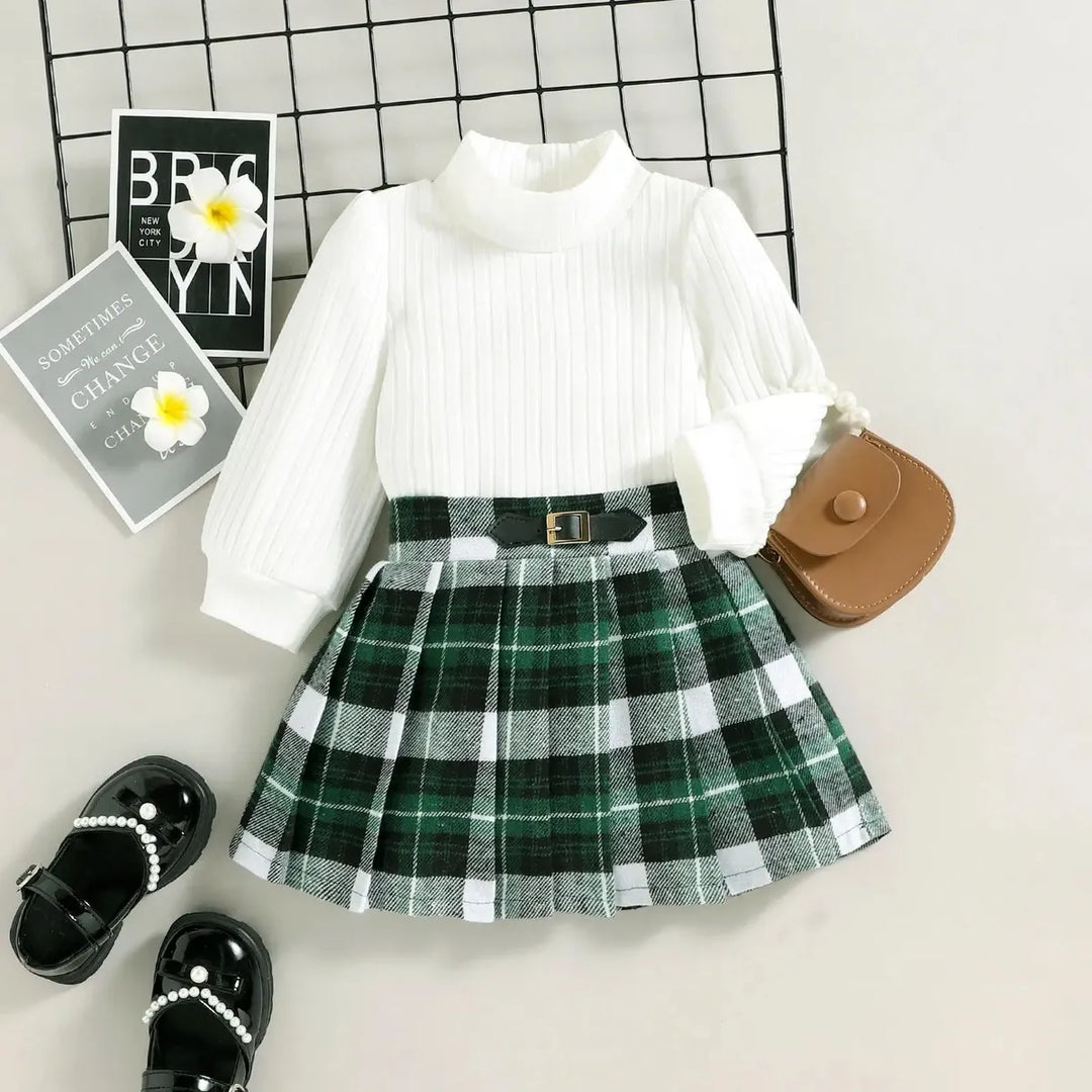 High Collar Long Sleeve White Blouse Green Checkered Skirt 2Pcs Girls Outfits