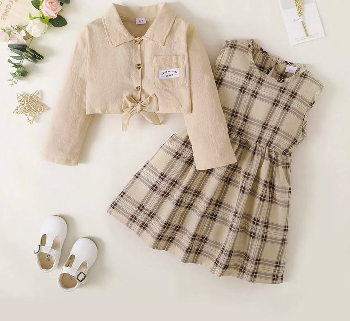 Kids Apricot Coat Plaid Long-sleeve Two pieces.
