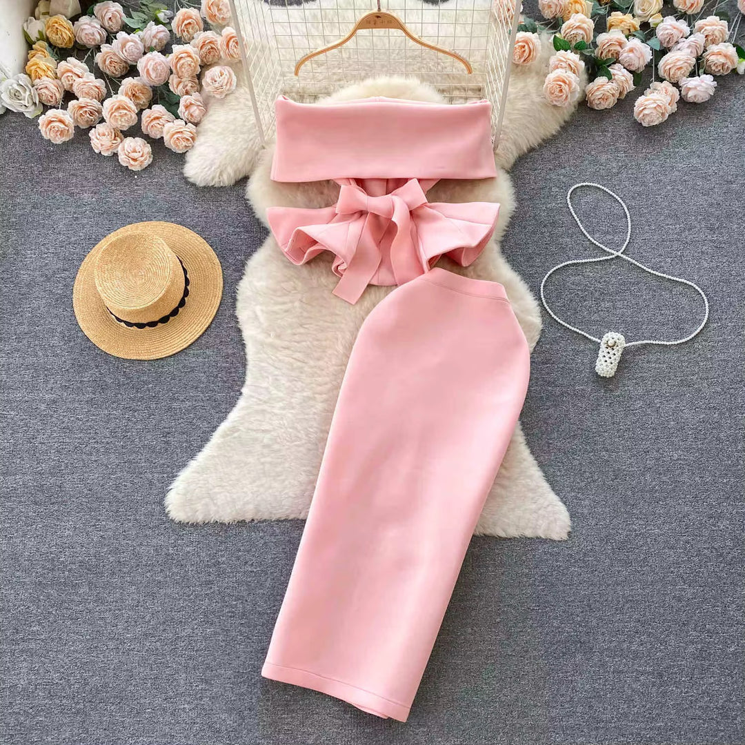 One Shoulder Waisted Ruffle Top Long Skirt Sets
