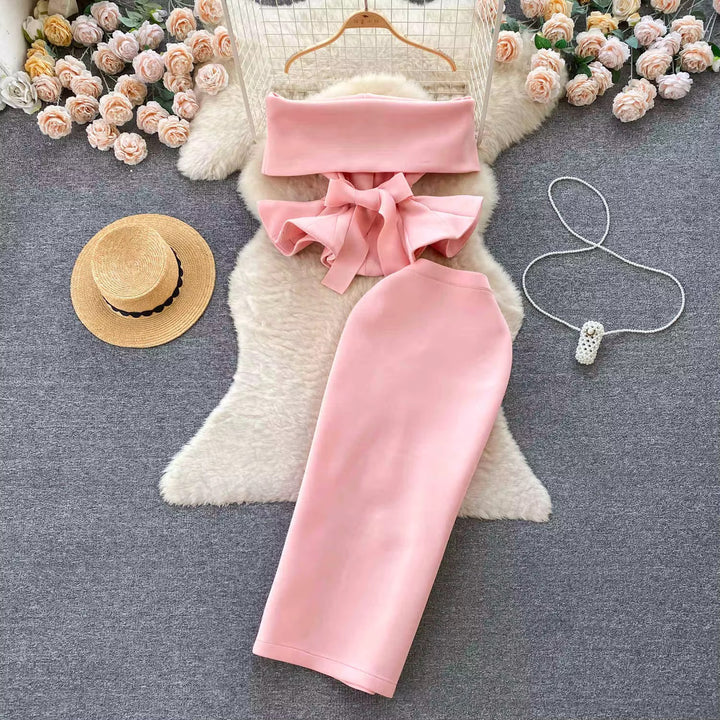 One Shoulder Waisted Ruffle Top Long Skirt Sets