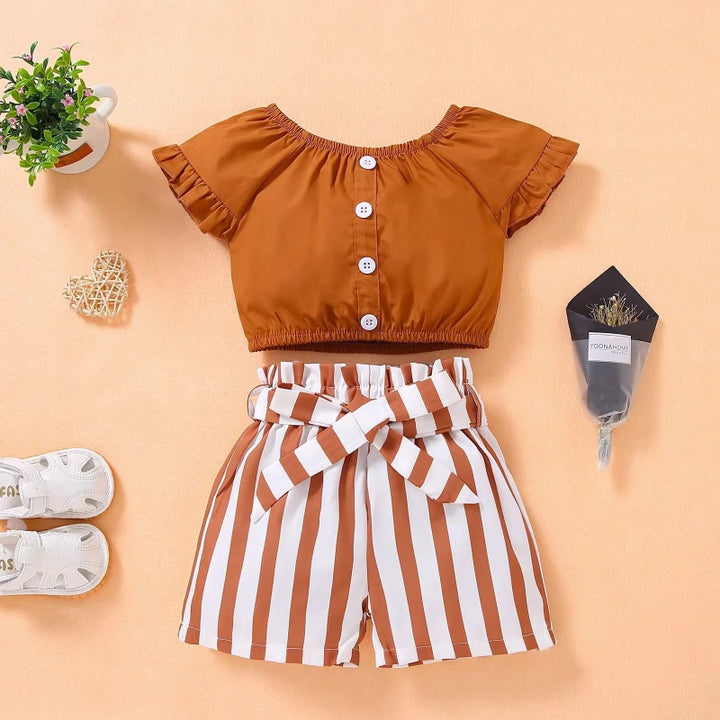 Summer Kids Cute T-shirt And Striped Shorts 2Pcs Pants Little Girl's Clothing Sets