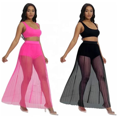 Channel Trendy Summer Crop Boys Shorts And Mesh Pleated Maxi Skirt Outfits for Women