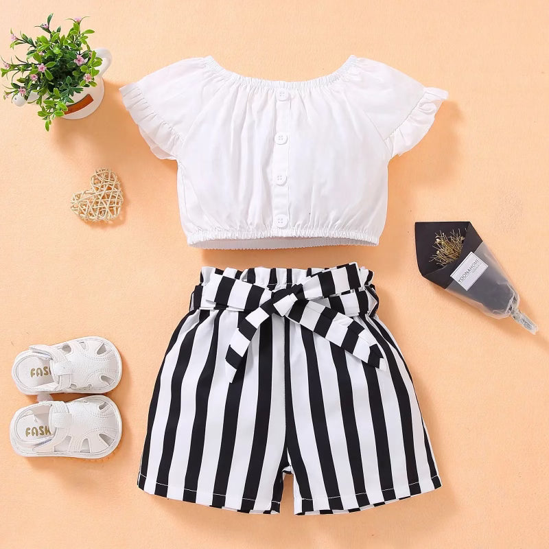 Summer Kids Cute T-shirt And Striped Shorts 2Pcs Pants Little Girl's Clothing Sets