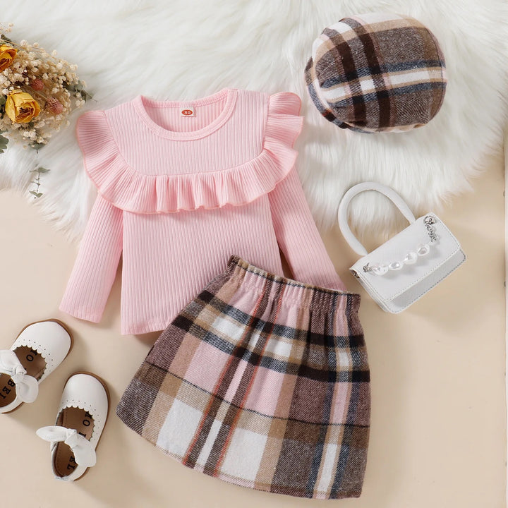 Girls Autumn Winter Sweet Pink Lace Cotton Pit Strip Top Plaid Skirt Hat Set