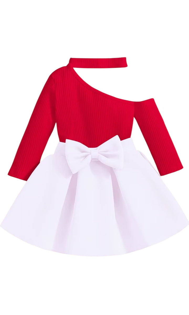 Distinctive Crossover Shoulder Long Sleeve Top Waist Skirt Bow Sets