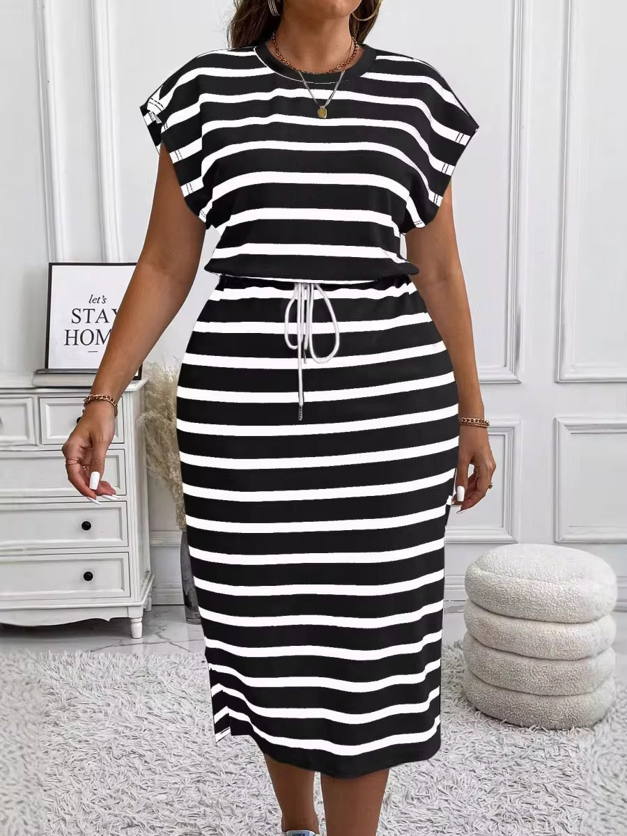 Round Neck Stripe Printed Short-Sleeve Dress