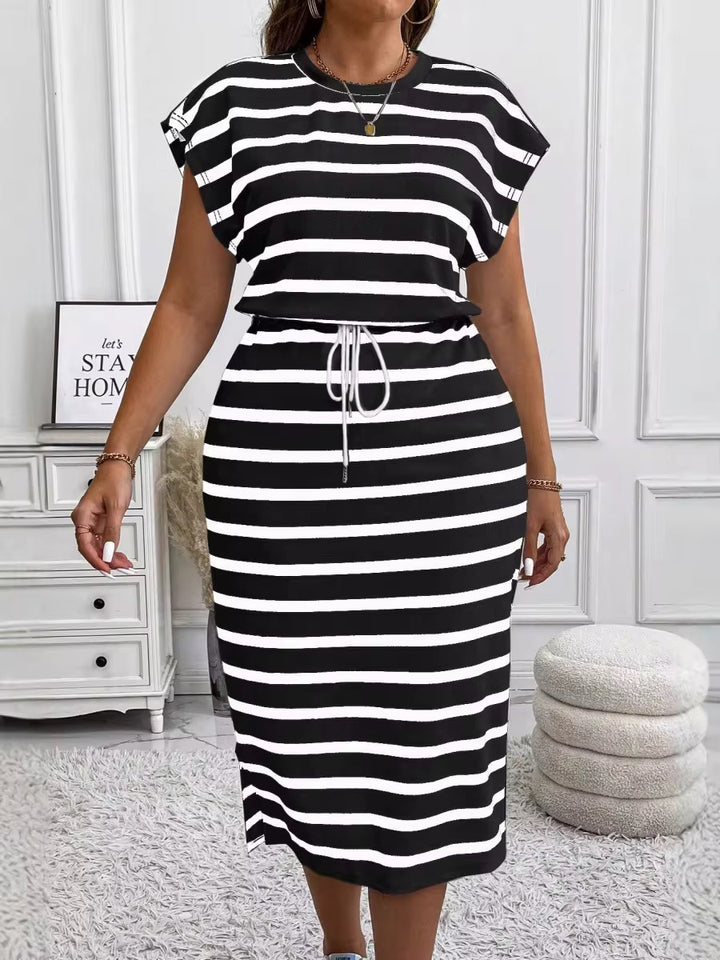 Round Neck Stripe Printed Short-Sleeve Dress