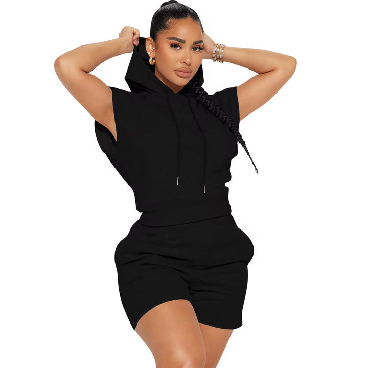Sport Women Solid Color Drawstring Hoodie And Short