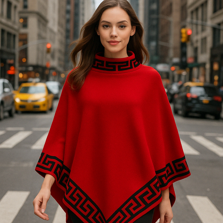 Elegant Geometric Pattern Poncho – A Sophisticated Pullover Blouse Catwalk Wester Style Knitted Sweater.