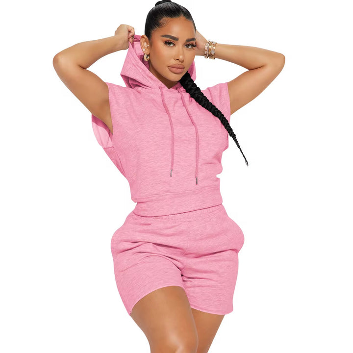Sport Women Solid Color Drawstring Hoodie And Short