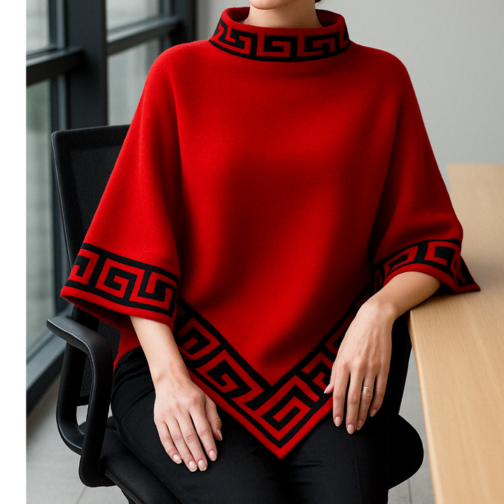 Elegant Geometric Pattern Poncho – A Sophisticated Pullover Blouse Catwalk Wester Style Knitted Sweater.