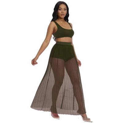 Channel Trendy Summer Crop Boys Shorts And Mesh Pleated Maxi Skirt Outfits for Women