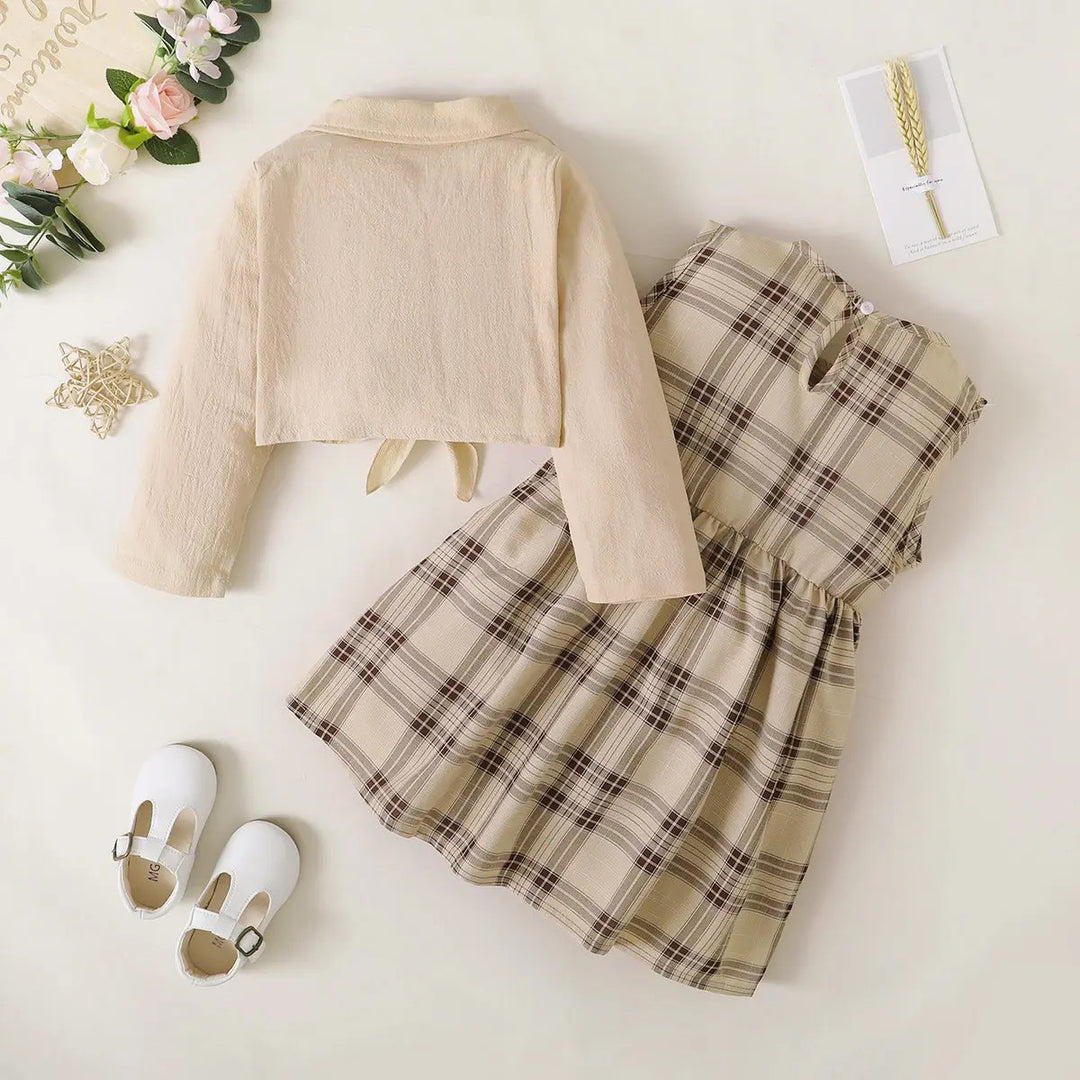 Kids Apricot Coat Plaid Long-sleeve Two pieces.