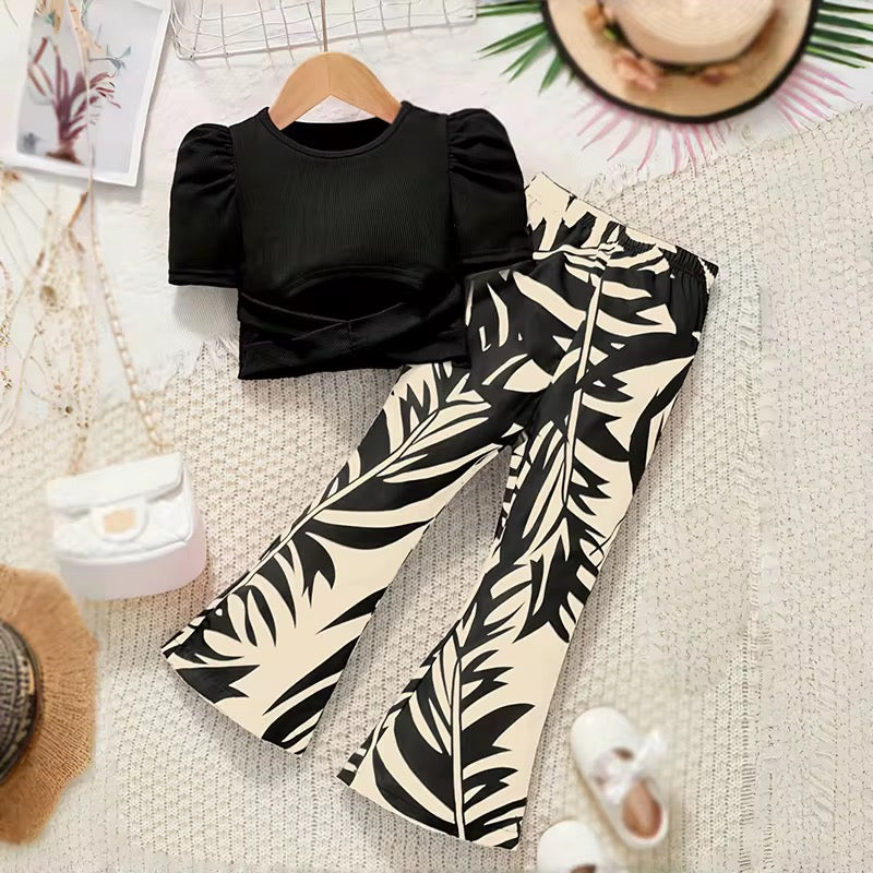 Cross Puffed Short Sleeve Top with Printed Flare Floral Pants