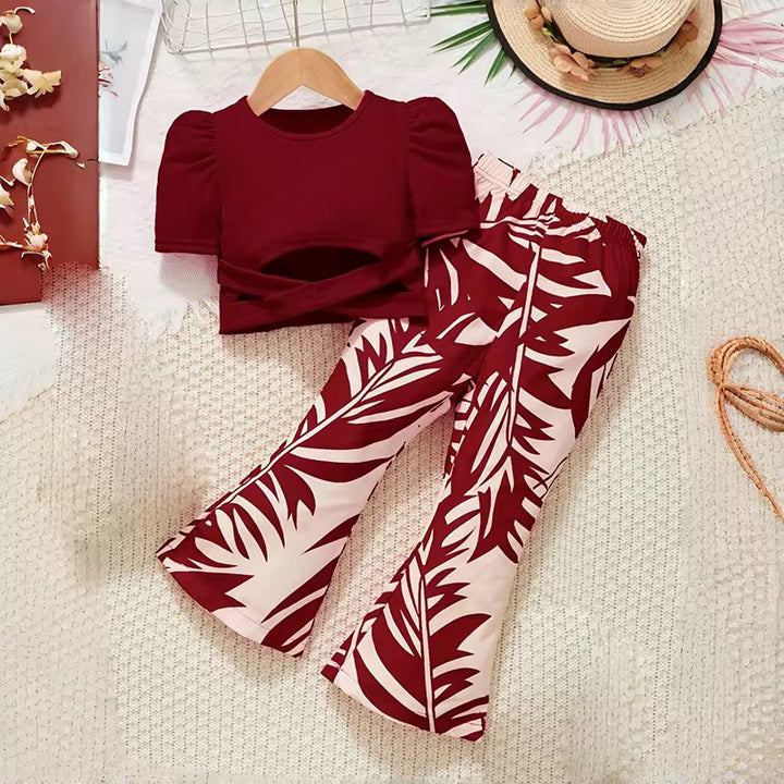 Cross Puffed Short Sleeve Top with Printed Flare Floral Pants