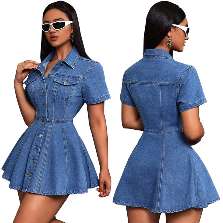 Summer Mini Denim Dress Short Sleeve Turn-Down Collar