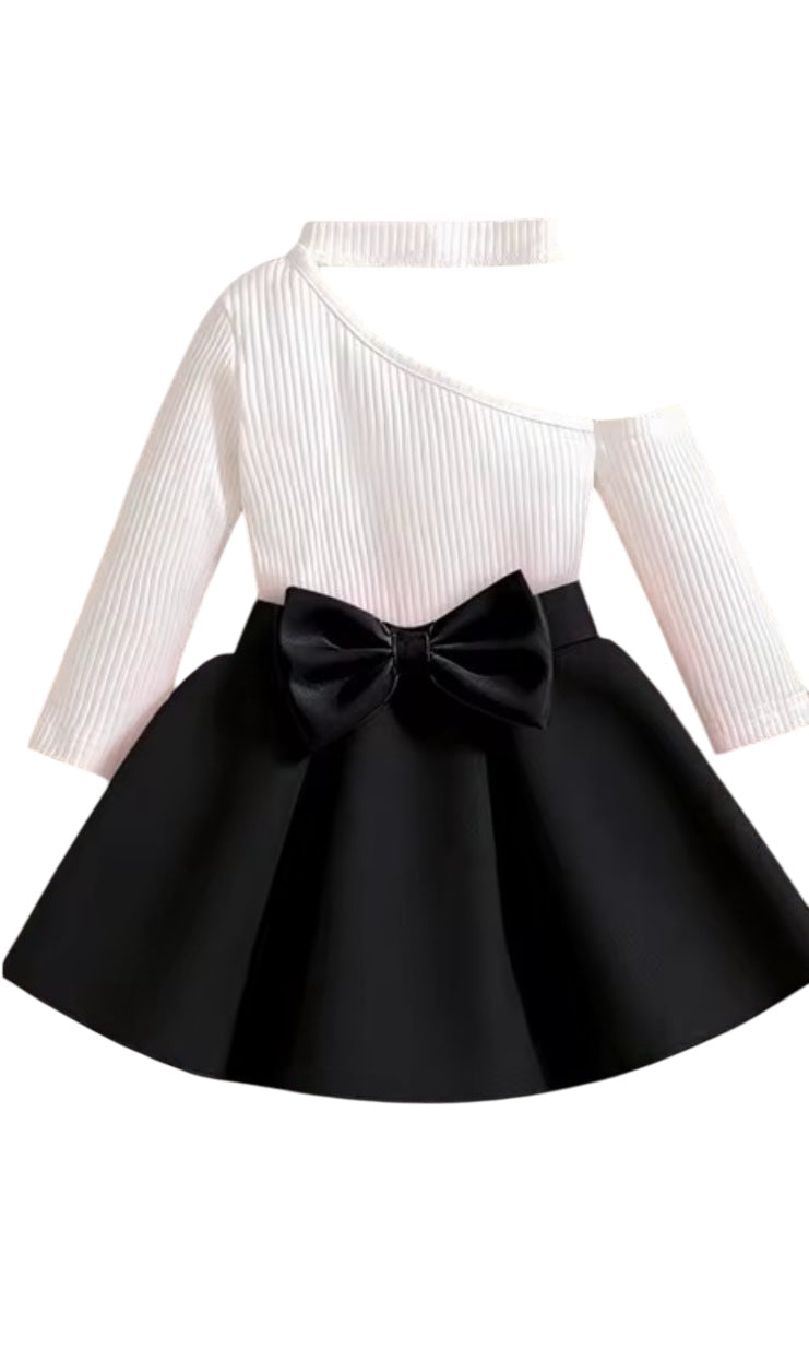 Distinctive Crossover Shoulder Long Sleeve Top Waist Skirt Bow Sets