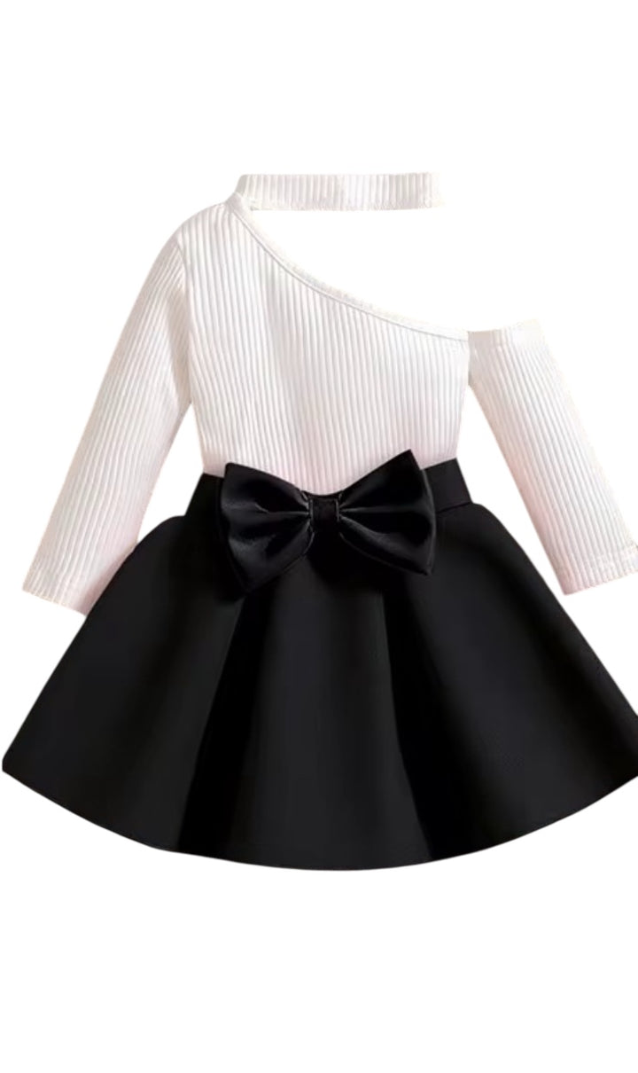 Distinctive Crossover Shoulder Long Sleeve Top Waist Skirt Bow Sets