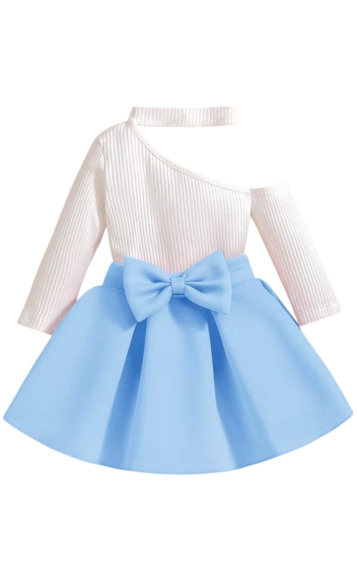 Distinctive Crossover Shoulder Long Sleeve Top Waist Skirt Bow Sets
