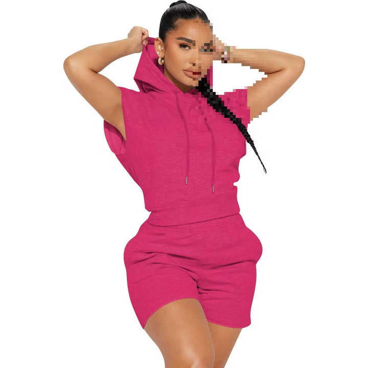Sport Women Solid Color Drawstring Hoodie And Short