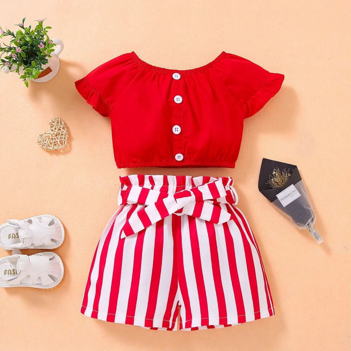 Summer Kids Cute T-shirt And Striped Shorts 2Pcs Pants Little Girl's Clothing Sets