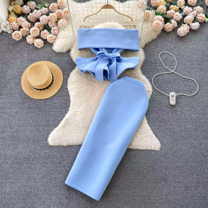 One Shoulder Waisted Ruffle Top Long Skirt Sets