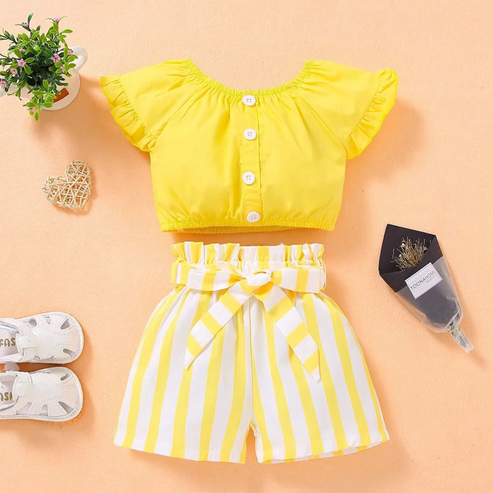 Summer Kids Cute T-shirt And Striped Shorts 2Pcs Pants Little Girl's Clothing Sets