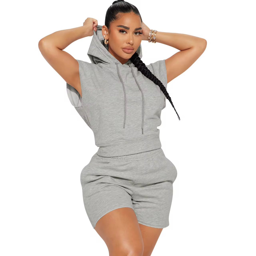 Sport Women Solid Color Drawstring Hoodie And Short