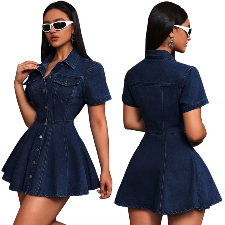 Summer Mini Denim Dress Short Sleeve Turn-Down Collar
