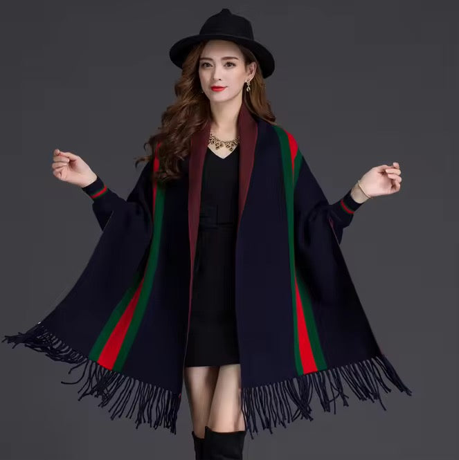 Knitted Wrap Shawls Plaid Warm Poncho