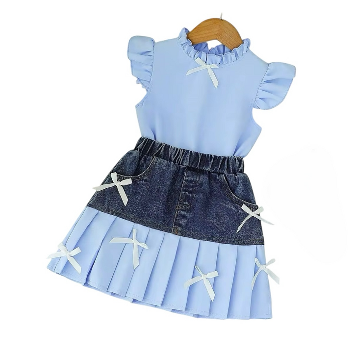 Lotus Leaf Collar Fly Sleeves Top with Bow Denim Stitching Skirt.