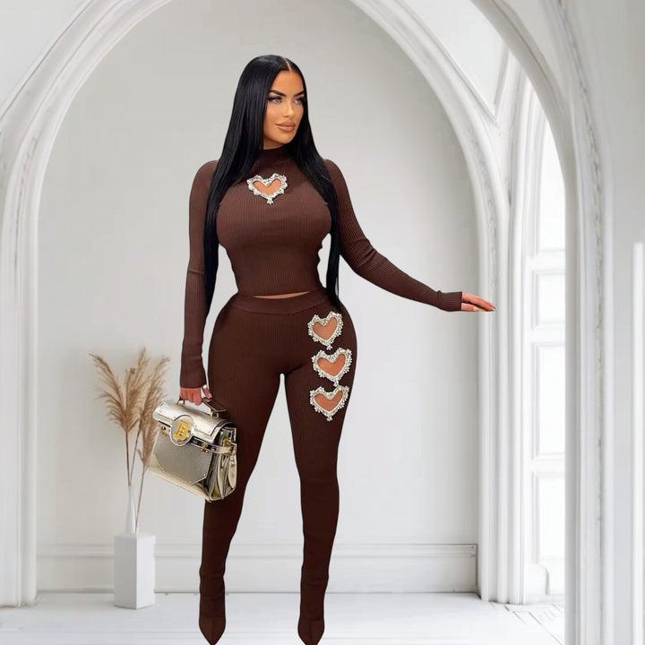 Heart Print Hollow Knitted Women Sets