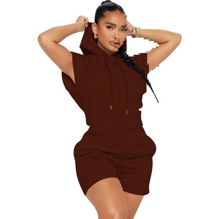Sport Women Solid Color Drawstring Hoodie And Short