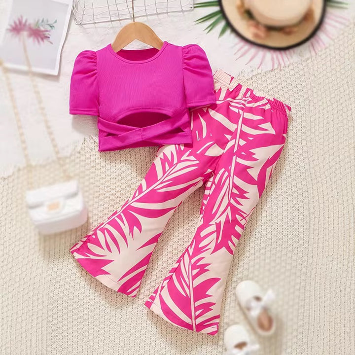 Cross Puffed Short Sleeve Top with Printed Flare Floral Pants