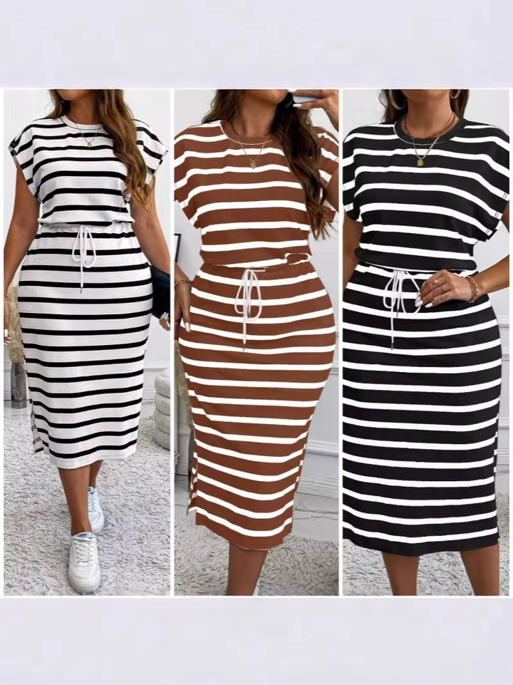 Round Neck Stripe Printed Short-Sleeve Dress