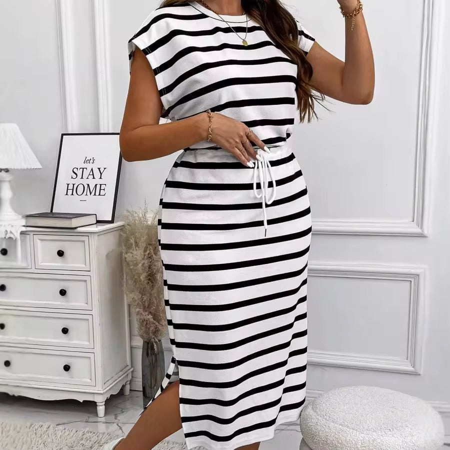 Round Neck Stripe Printed Short-Sleeve Dress