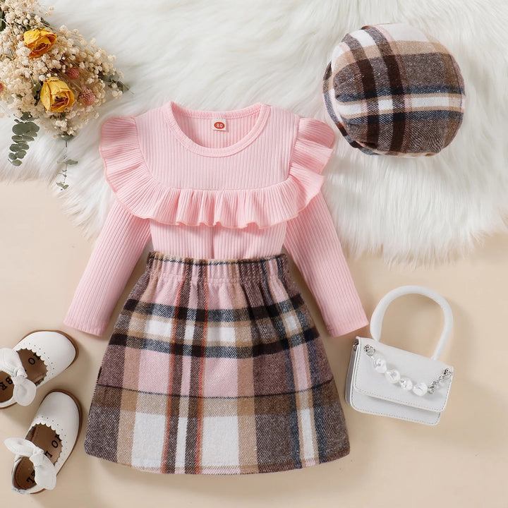 Girls Autumn Winter Sweet Pink Lace Cotton Pit Strip Top Plaid Skirt Hat Set