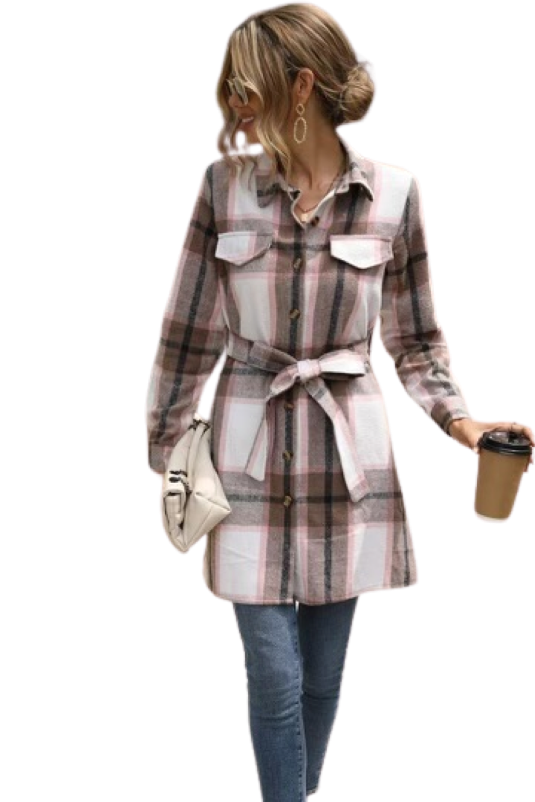 Turn-down Neck Single-breasted Plaid Coat with Belt Mid-length Loose Casual Women’s Woolen Coat