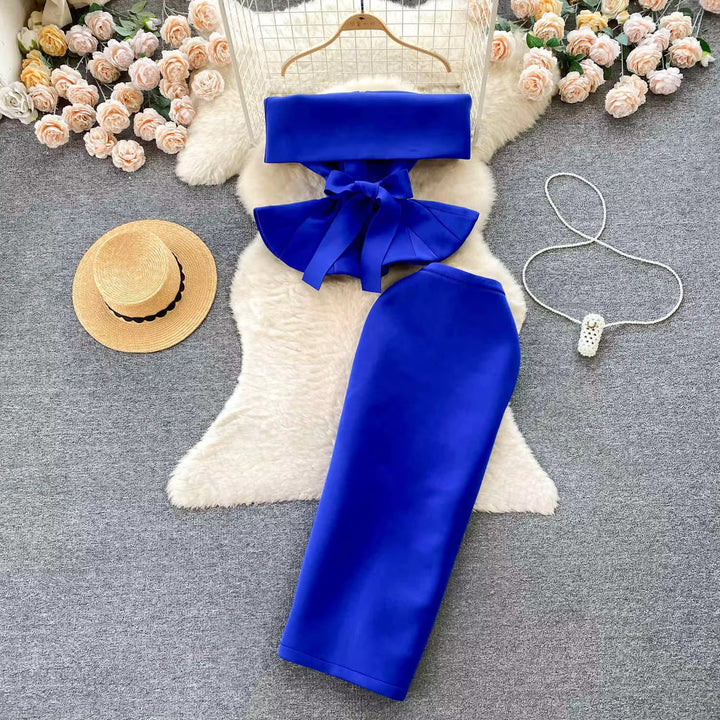 One Shoulder Waisted Ruffle Top Long Skirt Sets