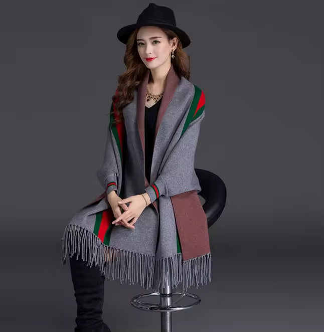 Knitted Wrap Shawls Plaid Warm Poncho