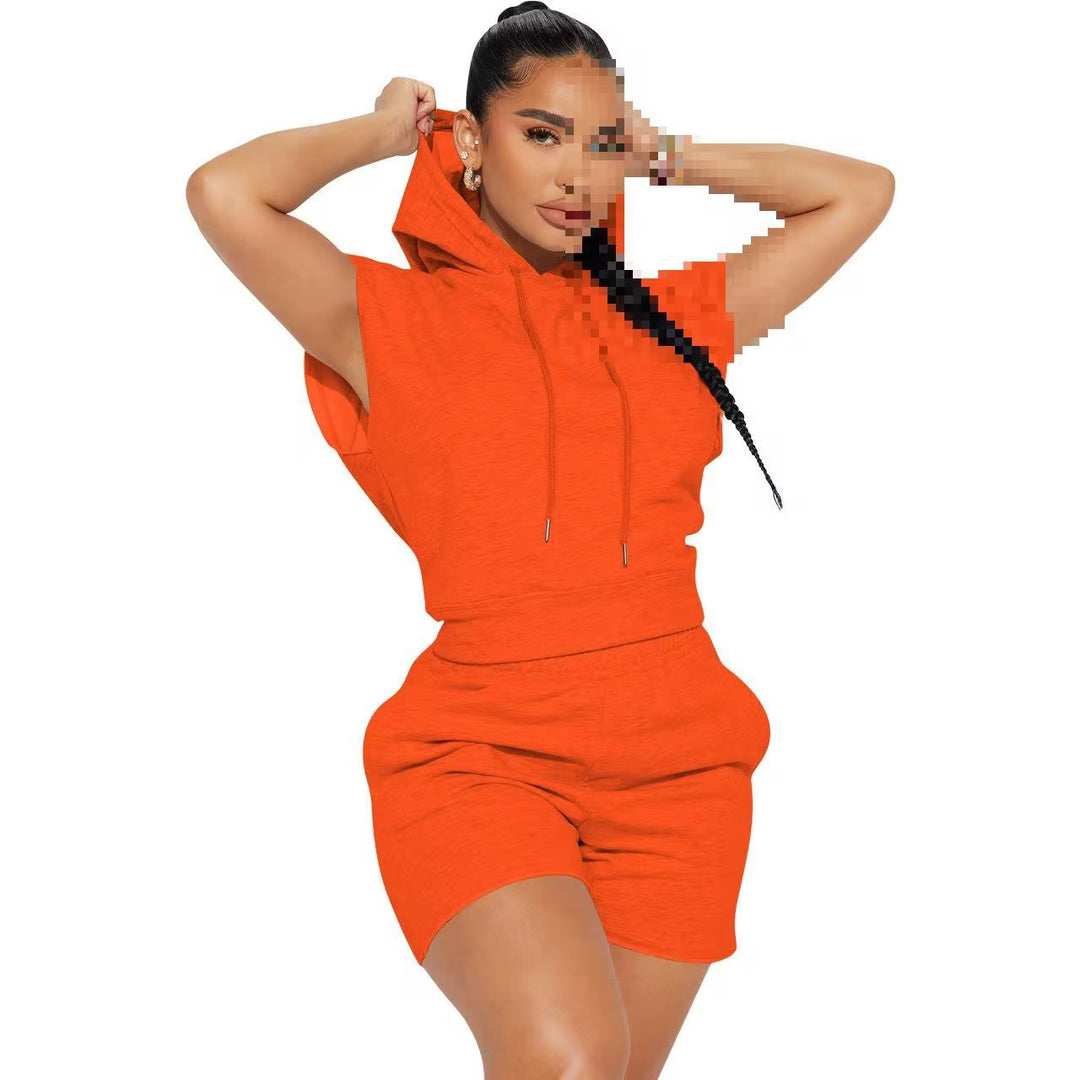 Sport Women Solid Color Drawstring Hoodie And Short