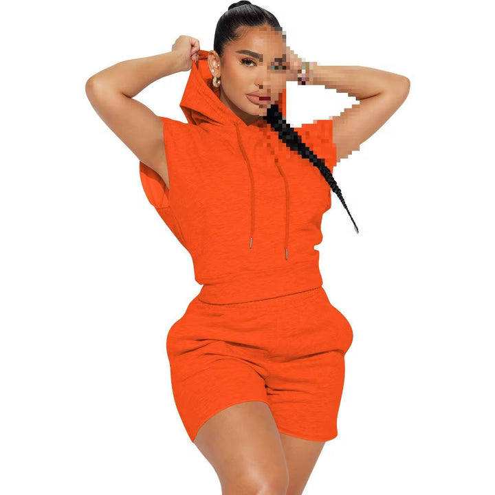 Sport Women Solid Color Drawstring Hoodie And Short