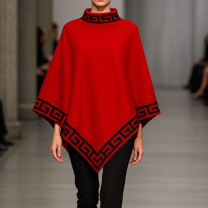 Elegant Geometric Pattern Poncho – A Sophisticated Pullover Blouse Catwalk Wester Style Knitted Sweater.