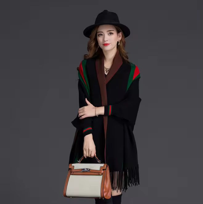 Knitted Wrap Shawls Plaid Warm Poncho