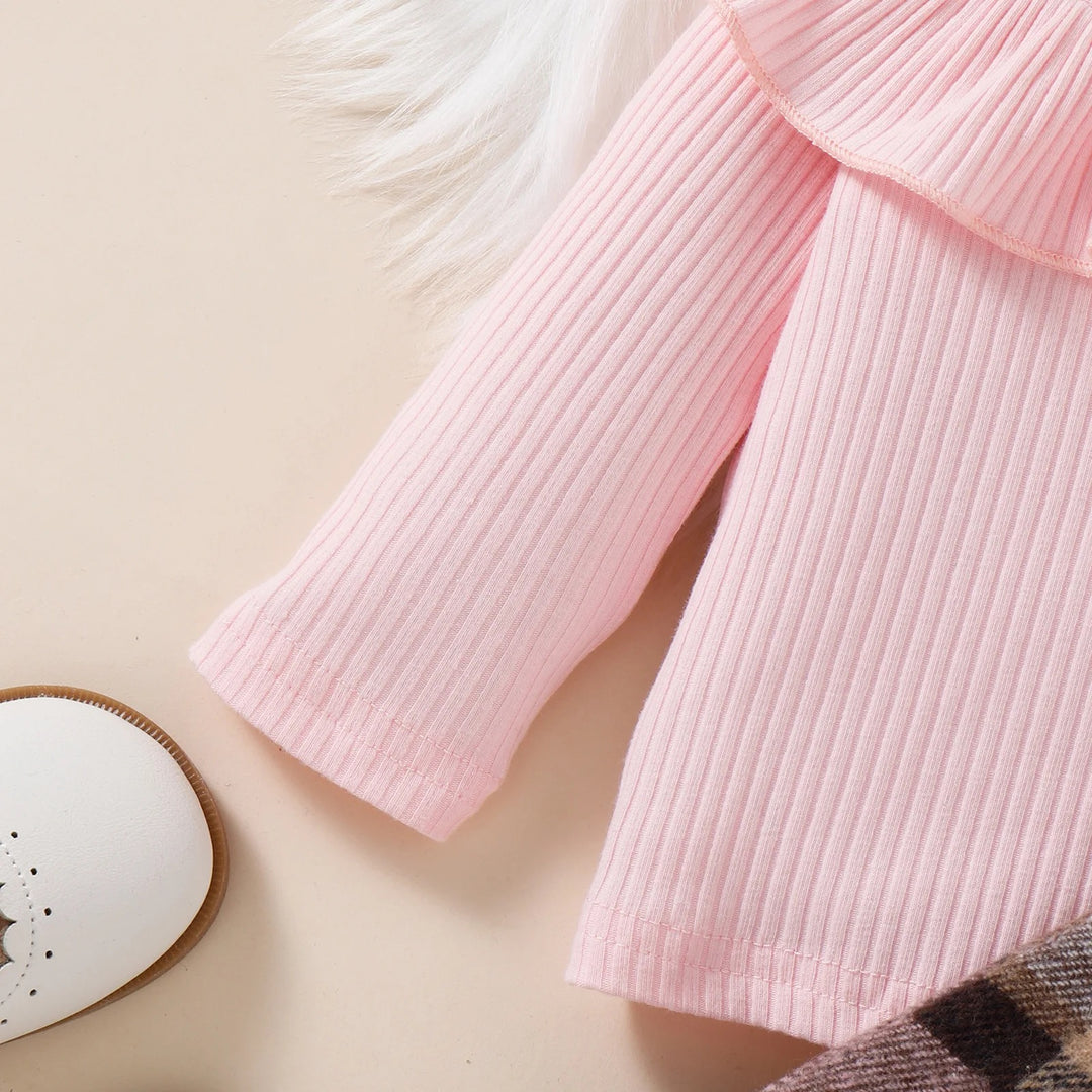 Girls Autumn Winter Sweet Pink Lace Cotton Pit Strip Top Plaid Skirt Hat Set