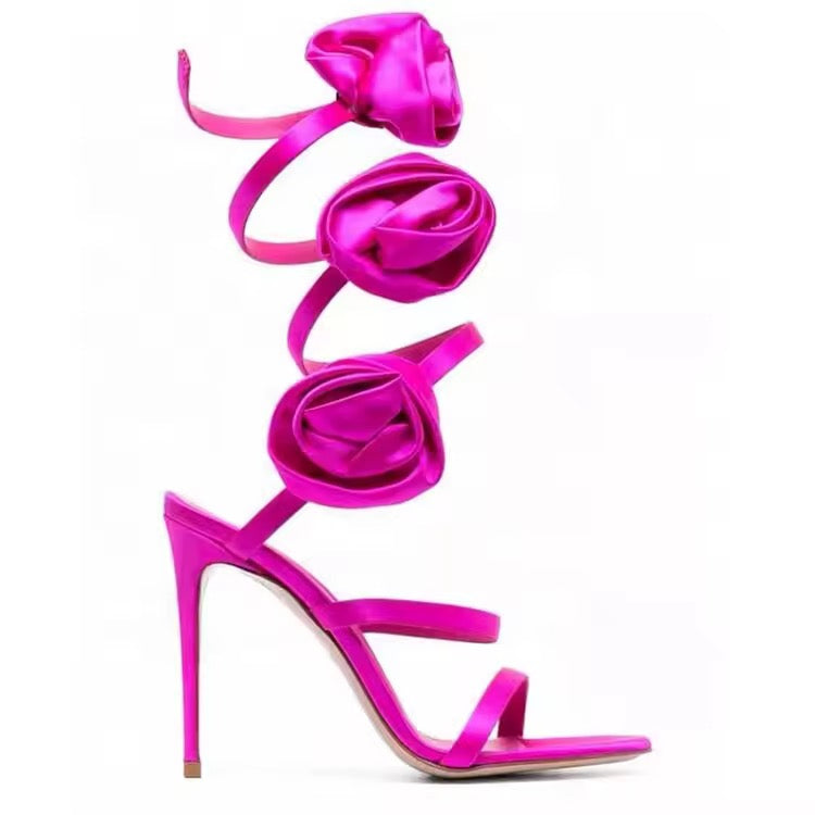 3D Silk Flower Cross Strap High Heel