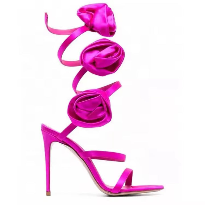 3D Silk Flower Cross Strap High Heel