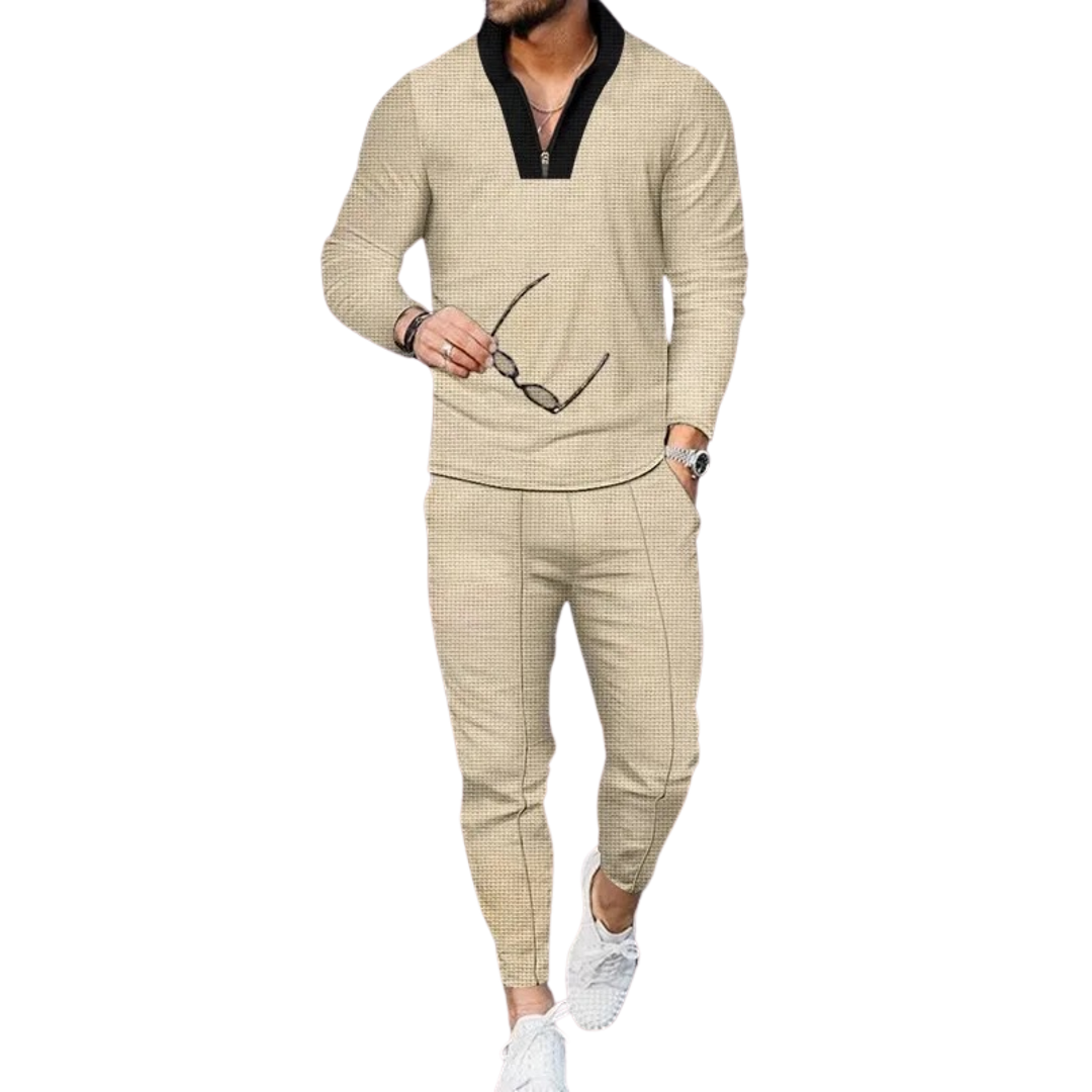 Waffle Long Sleeve Mens Casual Half Zip Tracksuit