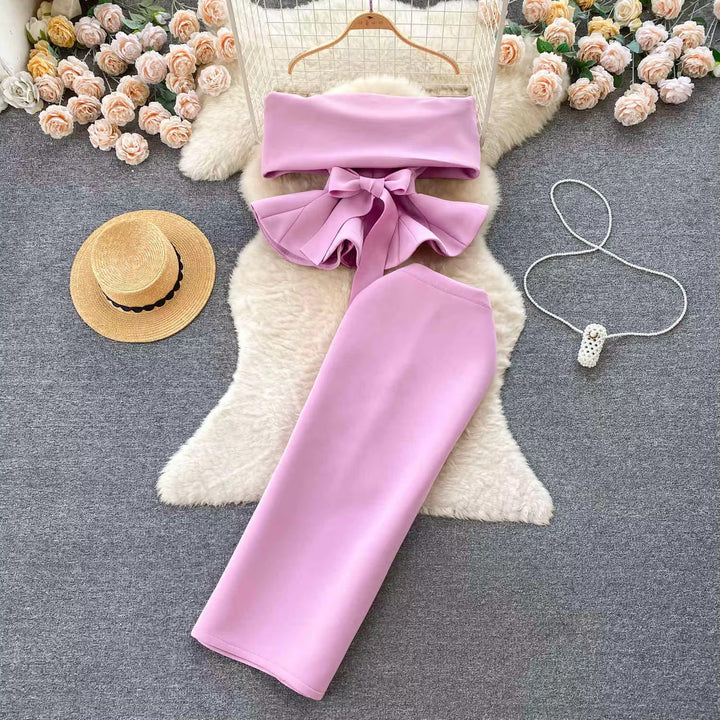 One Shoulder Waisted Ruffle Top Long Skirt Sets