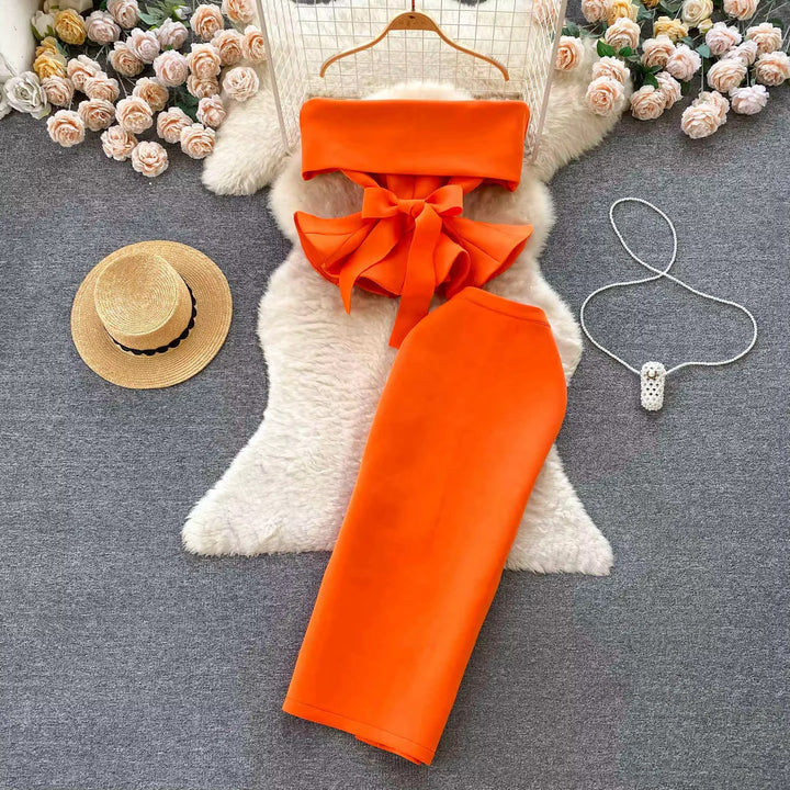 One Shoulder Waisted Ruffle Top Long Skirt Sets